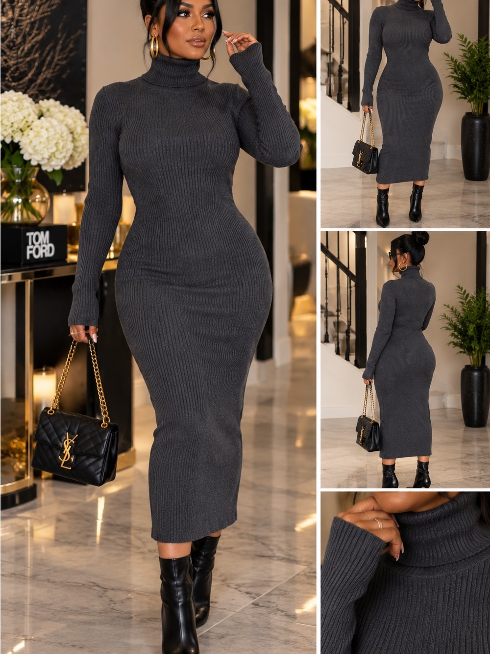 Brave Soul Charcoal Gray Ribbed Turtleneck Midi Dress